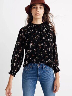 Madewell Smocked Mockneck Top Womens Small Black Moody Floral Dark Academia Boho
